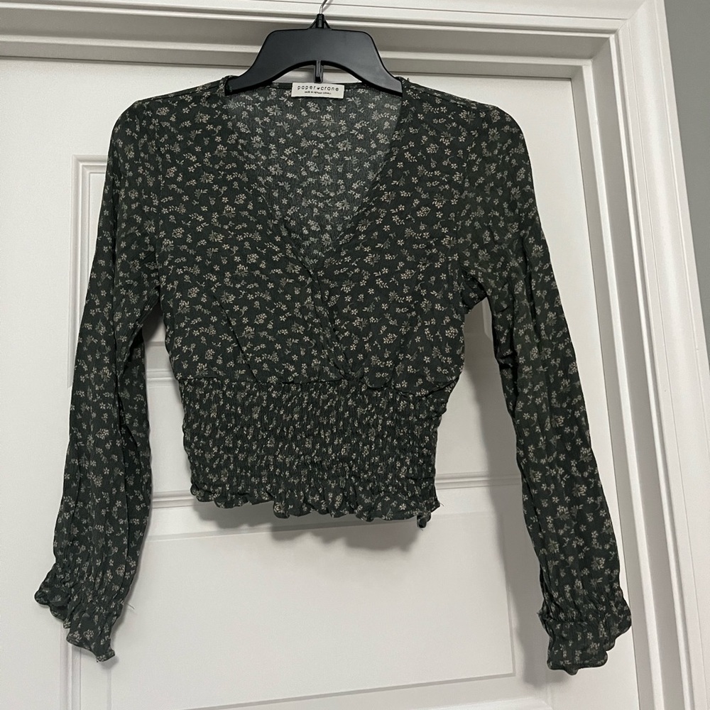 Paper Crane Green Blouse Cream Flowers Elastic Waist Sz XS